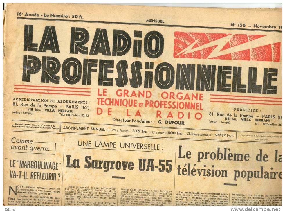 LA RADIO PROFESIONNELLE DE NOVEMBRE N°156 1948 - Other & Unclassified