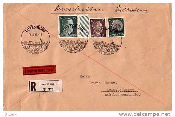 Luxemburg Eilbote-R-Brief Mif Minr. DR 787, 796 SR, Luxemburg 13 SST 6.8.41 - Besetzungen 1938-45