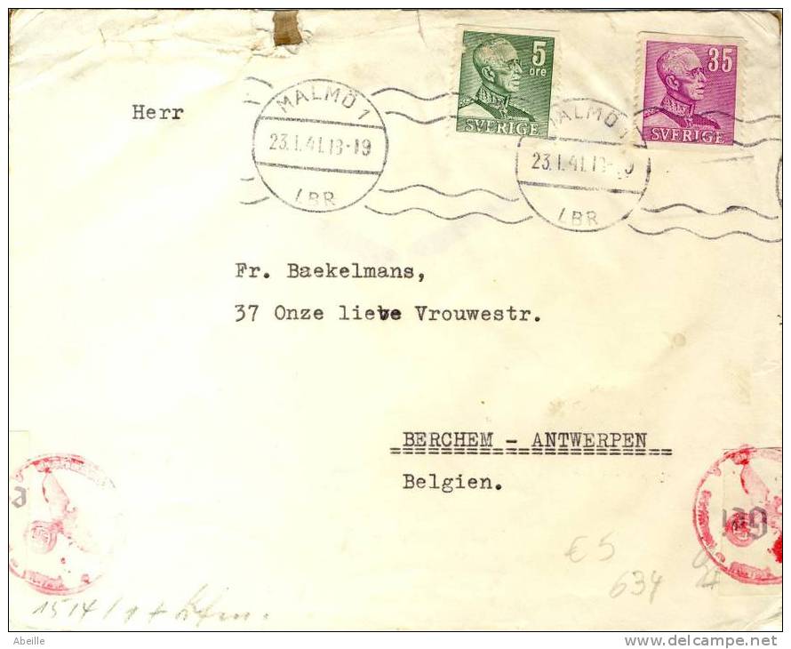 F634   LETTRE SUEDE POUR LA BELGIQUE CENSURE 1941 - Storia Postale