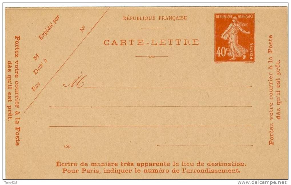 FRANCE - ENTIERS POSTAUX - CARTE LETTRE SEMEUSE CAMEE 40c NON PERFOREE DATE 620 - Kartenbriefe