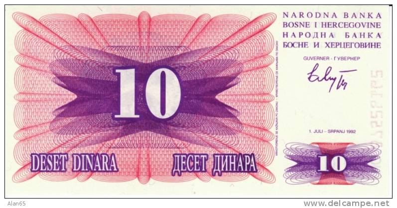 10 Dinara, 1992 Bosnia Herzegovina Currency Banknote, Krause #10a, Uncirculated - Bosnie-Herzegovine