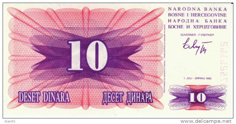 10 Dinara, 1992 Bosnia Herzegovina Currency Banknote, Krause #10a, Uncirculated - Bosnia And Herzegovina