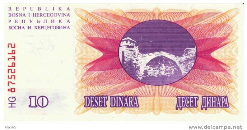 10 Dinara, 1992 Bosnia Herzegovina Currency Banknote, Krause #10a, Uncirculated - Bosnie-Herzegovine