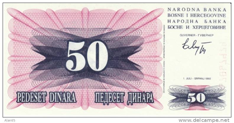 50 Dinara, 1992 Bosnia Herzegovina Currency Banknote, Krause #12a, Uncirculated - Bosnie-Herzegovine