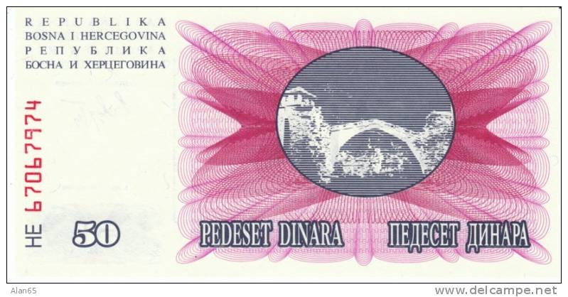 50 Dinara, 1992 Bosnia Herzegovina Currency Banknote, Krause #12a, Uncirculated - Bosnia And Herzegovina