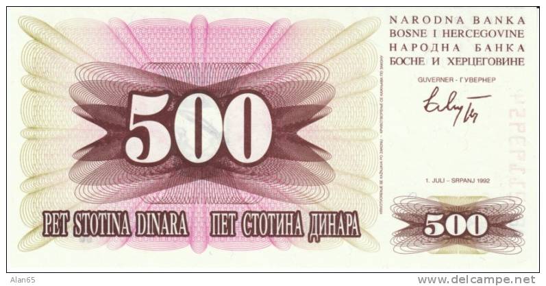 500 Dinara, 1992 Bosnia Herzegovina Currency Banknote, Krause #14a, Uncirculated - Bosnie-Herzegovine