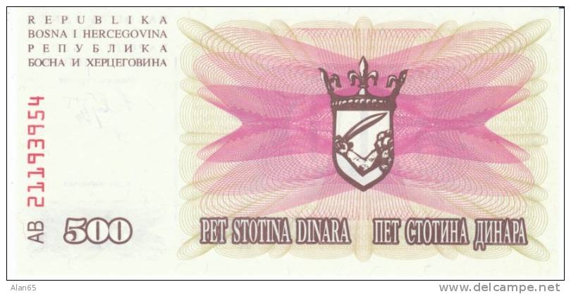 500 Dinara, 1992 Bosnia Herzegovina Currency Banknote, Krause #14a, Uncirculated - Bosnia And Herzegovina