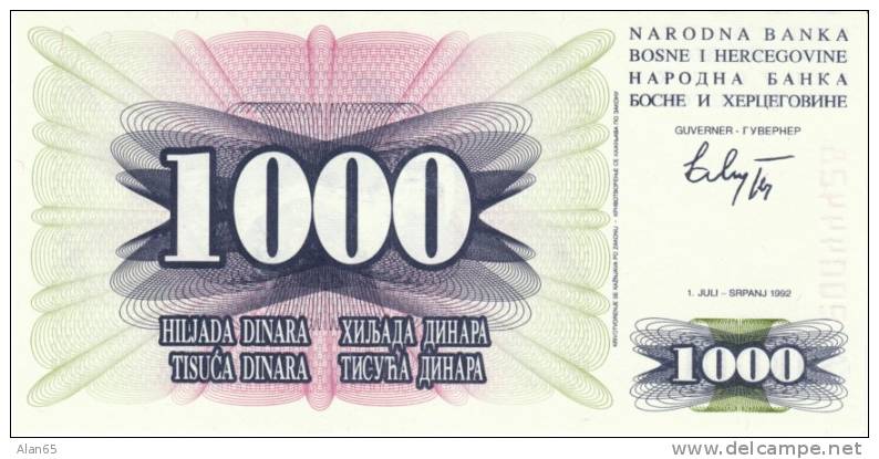 1000 Dinara, 1992 Bosnia Herzegovina Currency Banknote, Krause #15a, Uncirculated - Bosnia And Herzegovina