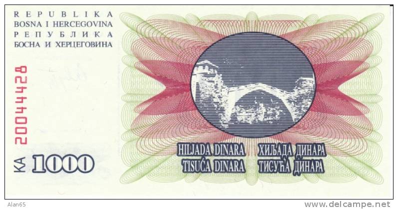 1000 Dinara, 1992 Bosnia Herzegovina Currency Banknote, Krause #15a, Uncirculated - Bosnia And Herzegovina