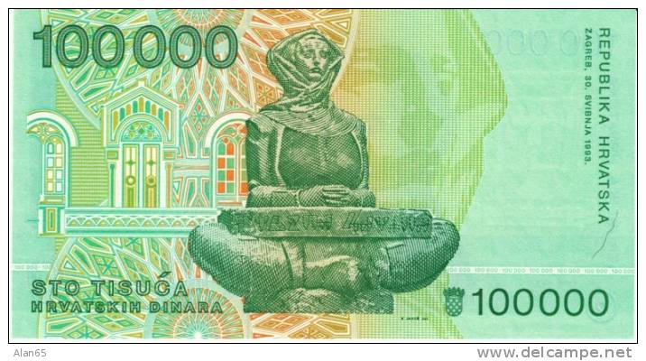 100,000 Dinara, 1993 Croatia Currency Banknote, Krause #27a, Uncirculated - Croatia