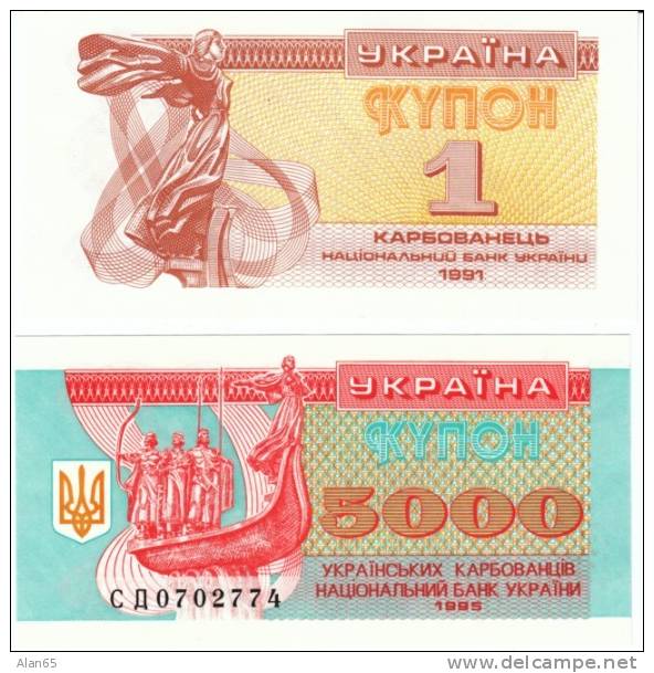 Lot Of 2 Banknotes, 1 Kupon (1991)and 5,000 Karbovantsiv (1995) Currency Banknote, Uncirculated Krause #81a And #93b - Ukraine