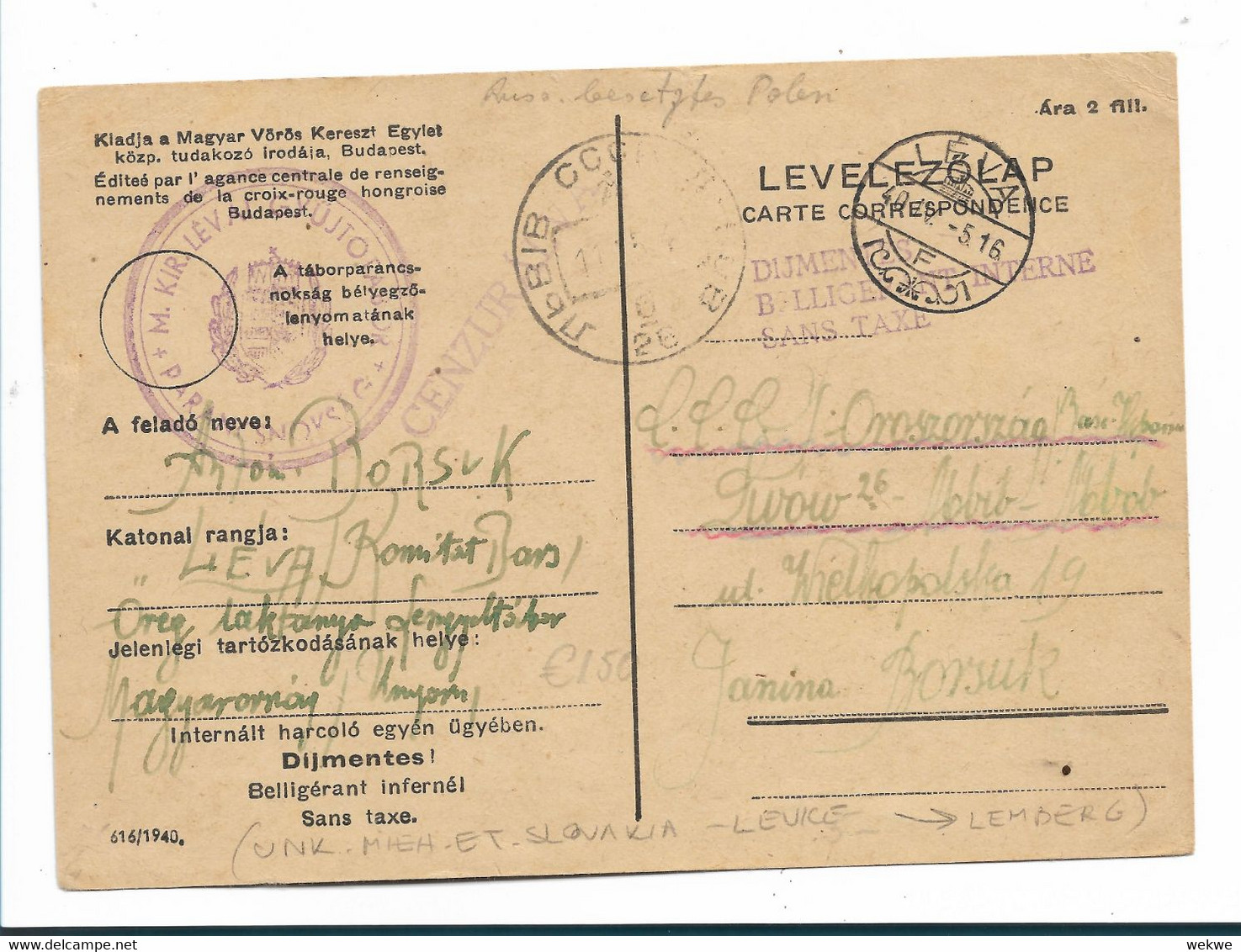 Pol161a/- POLEN - Internierten Post Aus Ungarn. Lwow Russ. Polen 1940 - Gefängnislager