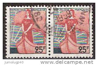 Timbre France Y&T N°1216x2 (1). Paire Obl.  Marianne à La Nef.  25 F. Vert-gris Et Rouge. Cote 0,30 € - 1959-1960 Marianne à La Nef