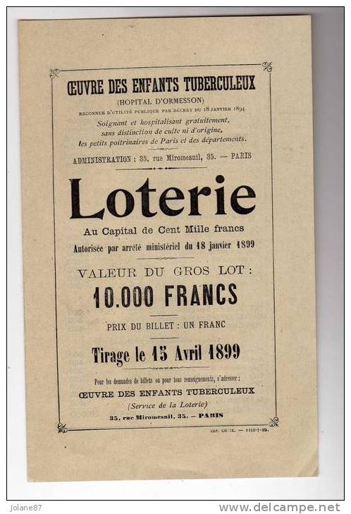 LOTERIE           OEUVRE DES ENFANTS TUBERCULEUX    TIRAGE DU 15 AVRIL 1899 - Billets De Loterie