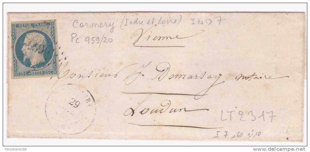 LT2317  N°10 Bleu/Lettre Sans Courrier, Oblit PC959 CORMERY (36), Ind 7, Du 29 Avr 1854, Pour LOUDUN (80) - 1852 Louis-Napoleon