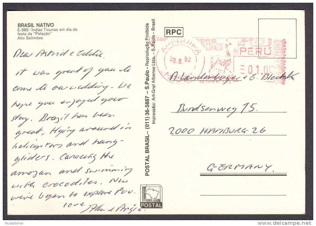 Brazil Brasil Nativo Indian Indias Ticunas Em Dia De Festa Da Pelacao Maschine Cancel Card APERUIPA Peru 1992 To Germany - Indios De América Del Norte