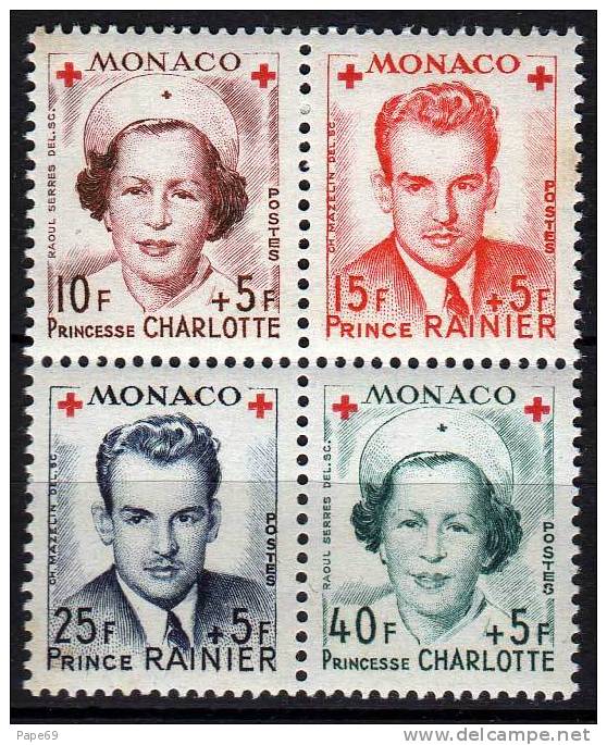 MONACO N° 334A / 37A XX Au Profit De La Croix Rouge Princesse Charlotte Et Prince Rainier III Le Bloc De 4 TB - Unused Stamps