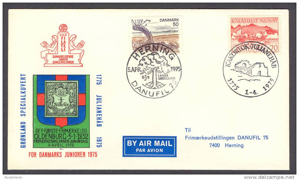 Denmark Greenland Special Cancel Cover HERNING DANUFIL Exhibition 1975 Julianehåb Jubilee Cachet Oldenburg Stamp 1852 - Covers & Documents