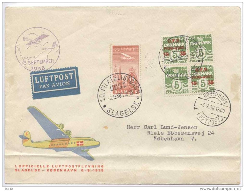 Denmark First Official AIRMAIL FLIGHT Slagelse-Copenhagen 6-9-1938 Good Stamped - Storia Postale