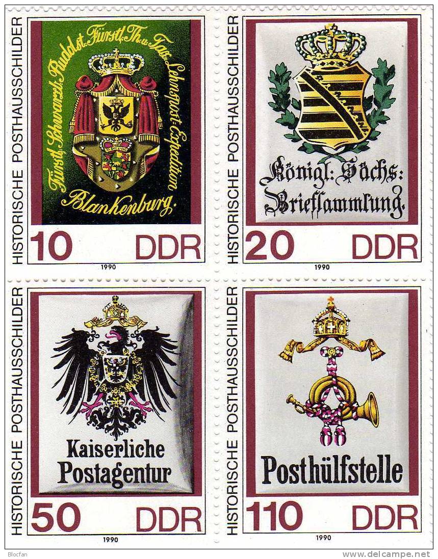 4 - Block Historische Posthausschilder DDR 3306/9, VB + ER-VB ** 10€ - Se-Tenant