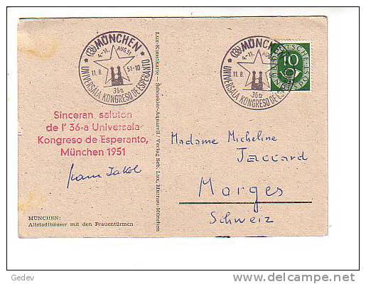 Soluton El Munkeno(München) 1951, 36ème Universala Kongreso De Esperanto + Cachet (36a) - Esperanto