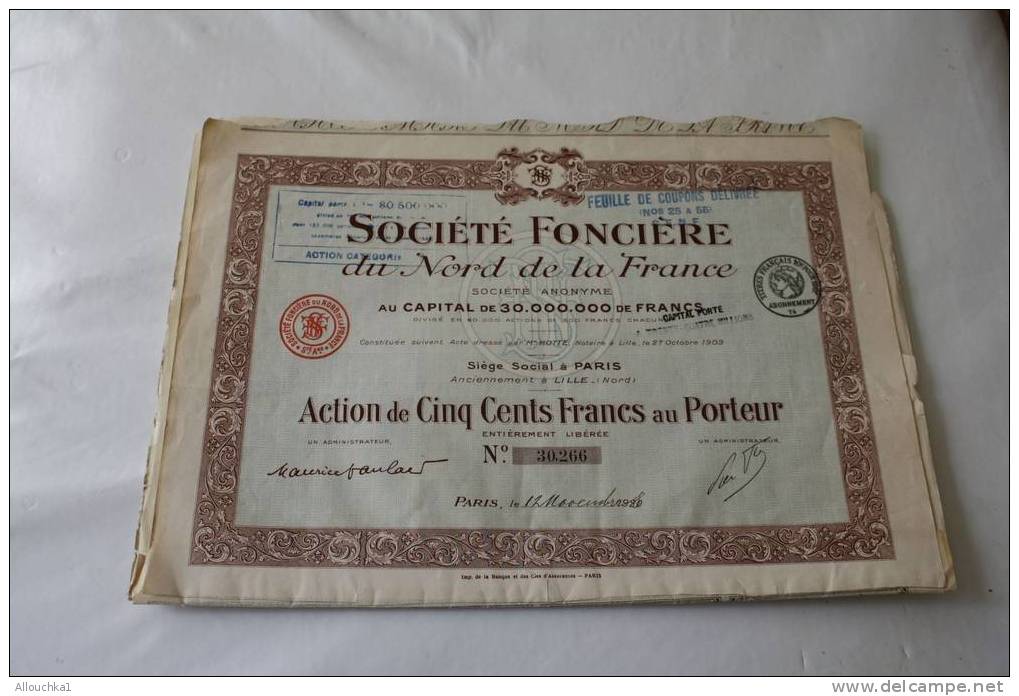 1909-TITRE& ACTION SCRIPOPHILIE- SOCIETE FONCIERE DU NORD DE LA FRANCE LILLE 59 - Industry