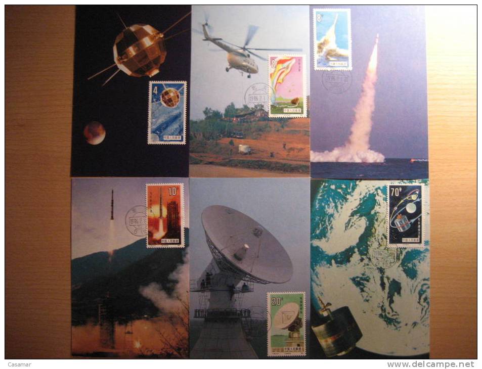 CHINA Astrofilatelia Space Helicoptero Helicopter Cohete Rocket Satelite Satellite 6 Tarjetas MAXIMAS MAXIMUN Cards 1986 - Asia