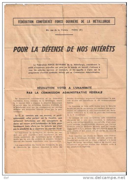 Tract ,supplément Du Journal "la Metallurgie Syndicaliste",du Syndicat FORCE OUVRIERE+ Bulletin D'adhésion; Janvier 1959 - Politica