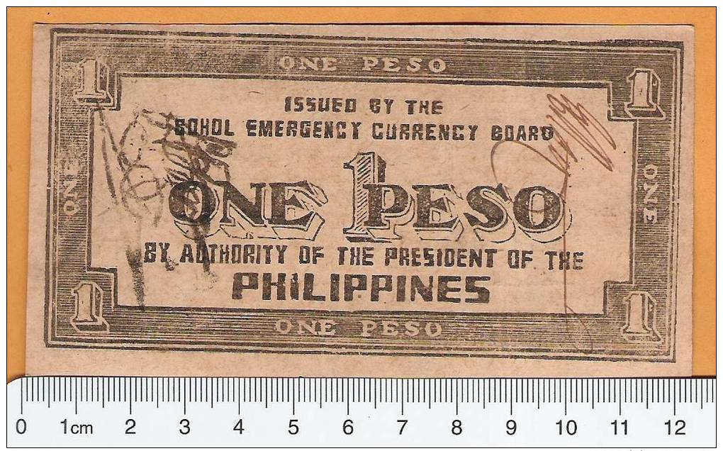PHILIPPINES 1943 BOHOL EMERGENCY (REBEL) MONEY 1 PESO NOTE - Filippijnen