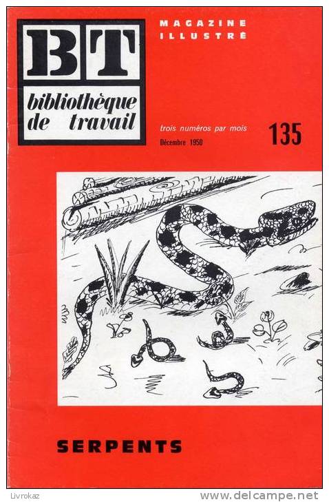 BT N°135 (1950) : Les Serpents . Bibliothèque De Travail. Célestin Freinet. Vipère, Couleuvre, Python - 6-12 Years Old