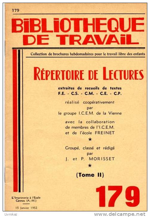 BT N°179 (1952) : Répertoire De Lectures (FE,CM,CE,CP) Tome 2. Bibliothèque De Travail. Freinet. - 6-12 Years Old