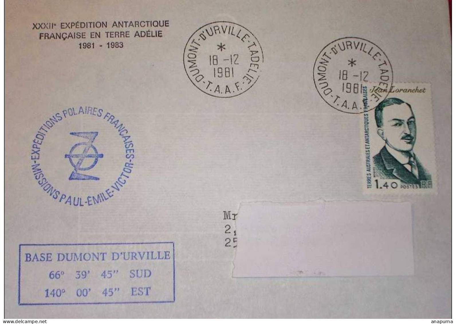 Lettre Terre Adélie. Cachet Base Dumont D'Urville Et Missions EPF Paul Emile Victor PEV - Storia Postale