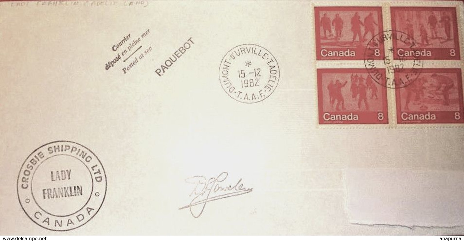 Lettre Terre Adélie Dumont D'Urville POSTE EN MER. LADY FRANKLIN. TP Canada 15 12 82 EPF Paul Emile Victor PEV - Unused Stamps