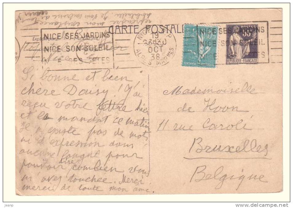 55c Entier Postal Au Type Paix Yvert 363-CP1 Avec Complément Semeuse Pour La Belgique, 1938 - 1932-39 Peace