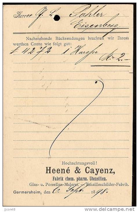 Bayern 1898  Heene & Cayenz, Germersheim 6.9.98) (o) - Briefe U. Dokumente