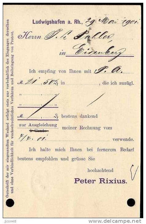Bayern 1901  Peter Rixius, Ludwigshafen  29.5.01 - Lettres & Documents