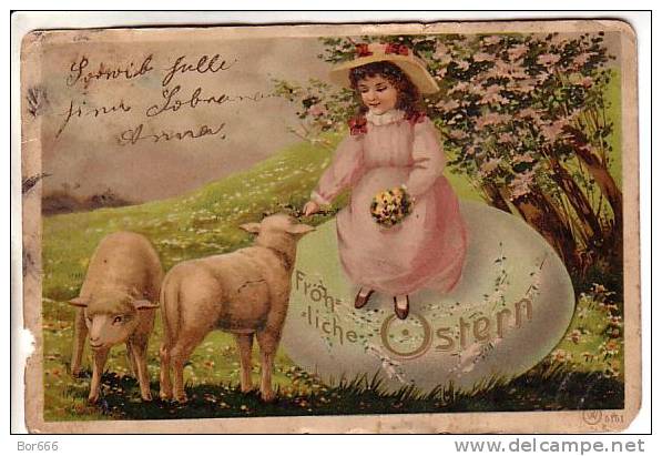 GOOD OLD EASTER POSTCARD - Girl; Sheeps & Egg - Easter