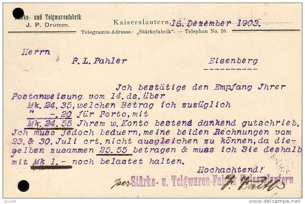 Bayern 1903  J.P, Drumm, Kaiserslautern  16.12.03 - Covers & Documents