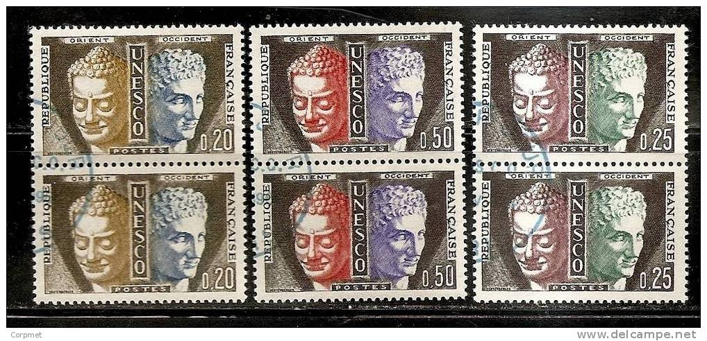 FRANCE - SERVICE 1960-65   Service De L´UNESCO - Yvert # 22-23-25 - VF CTO USED In Vertical Pairs- Blue Cancel - Used
