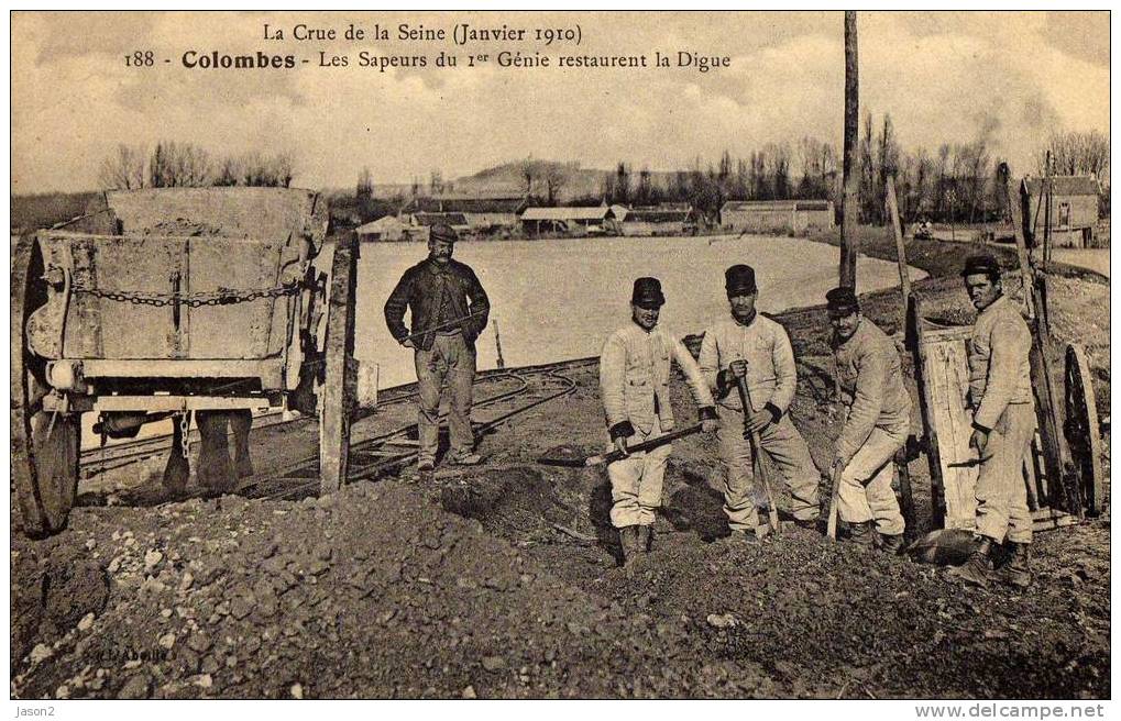 CPA COLOMBES La Crue De La Seine(janvier 1910)les Sapeurs Du 1er Genie Restaurent La Digue Non Circulee Attelage - Régiments