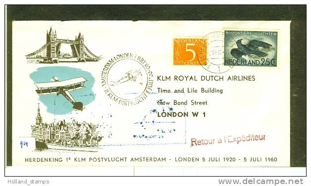 KLM HERDENKINGSVLUCHT 05-07-1960 AMSTERDAM - LONDEN (914) - Poste Aérienne