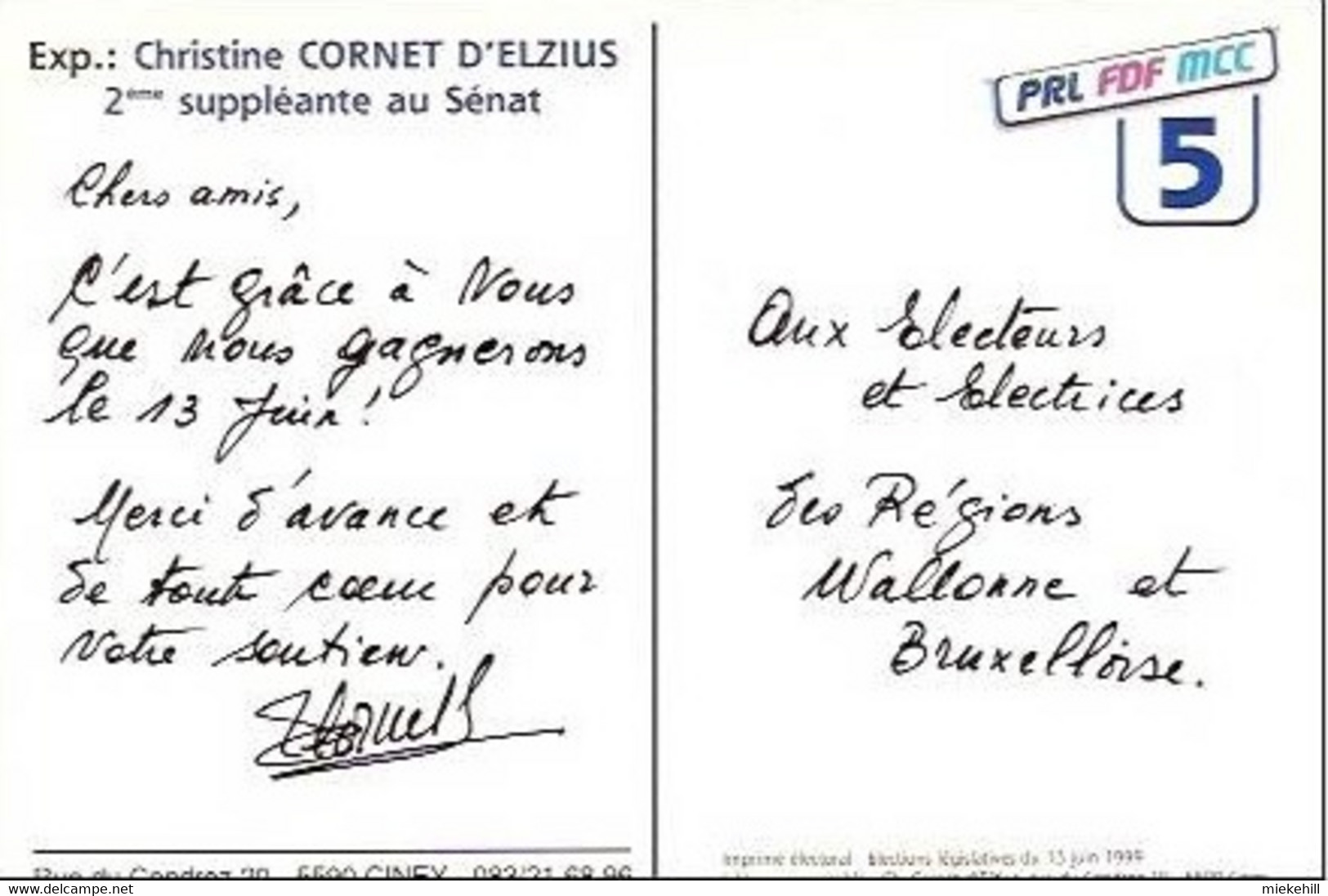 CINEY -TRACT ELECTORAL CHRISTINE CORNET D'ELZIUS-politique Elections Legislatives 1999 - Ciney