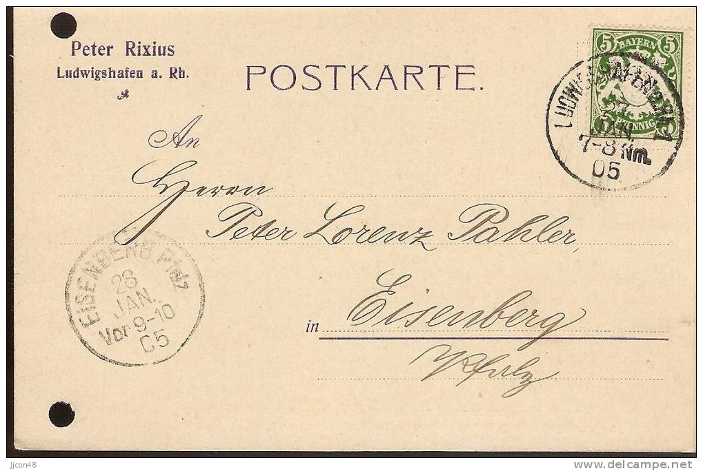Bayern 1905  Peter Rixius, Ludwigshafen  28.1.05 - Cartas & Documentos