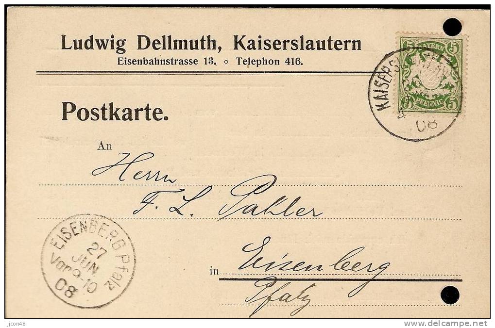 Bayern 1908  Ludwig Dellmuth, Kaiserslautern26.6.08 - Lettres & Documents