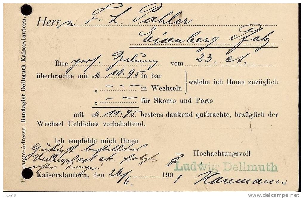 Bayern 1908  Ludwig Dellmuth, Kaiserslautern26.6.08 - Cartas & Documentos