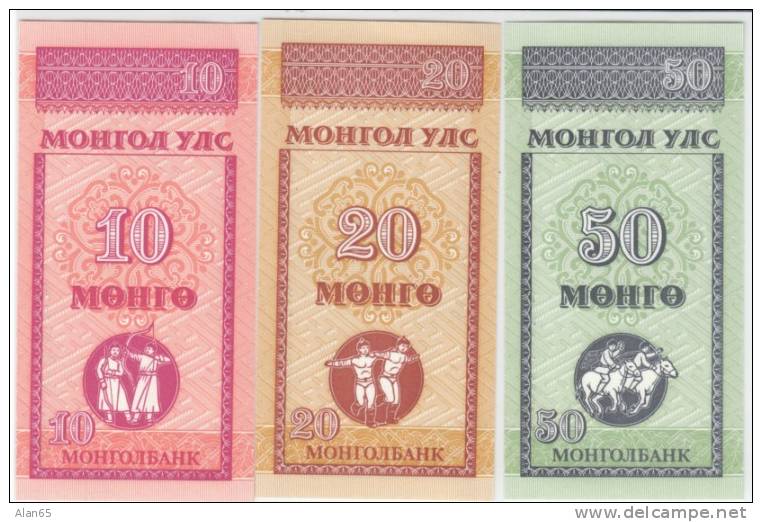 Lot Of 3 Notes, 10 20 And 50 Mongo, Mongolia 1993 Currency Banknote, Uncirculated, Krause #49, #50, #51 - Mongolië