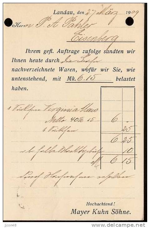 Bayern 1909  Mayer Kuhn Sohne, Landau  27.3.09 - Brieven En Documenten