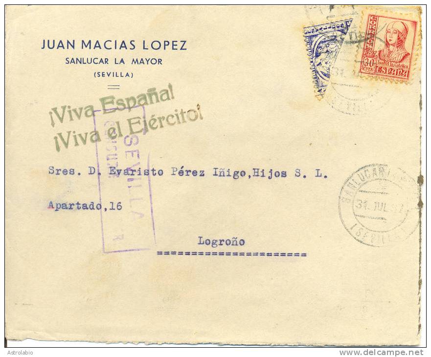 España 1937 " Carta De Sanlucar La Mayor (Sevilla) A Logroño "  Censura Y Sello Local Bisectado. Ver 2 Scan - Nationalist Issues