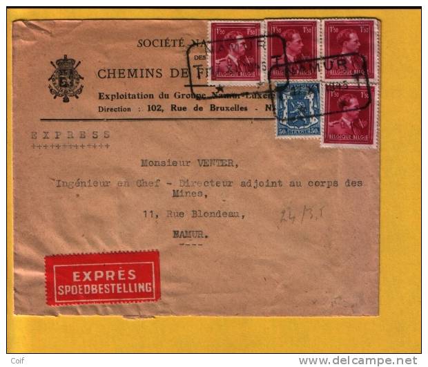 426+691op EXPRES-brief Met Telegraafstempel NAMUR , Brief Met Hoofding "CHEMINS DE FER VICINAUX"   (VK) - 1936-1957 Col Ouvert