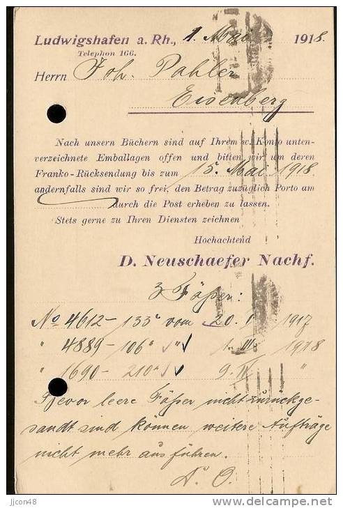 Bayern 1918  D. Neuschafer Nachf., Ludwigshafen  3.5.18 - Briefe U. Dokumente